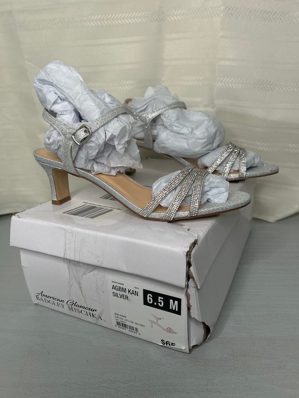 American Glamour Badgley Mischka Kar Heeled Sandals Silver Size 6.5M